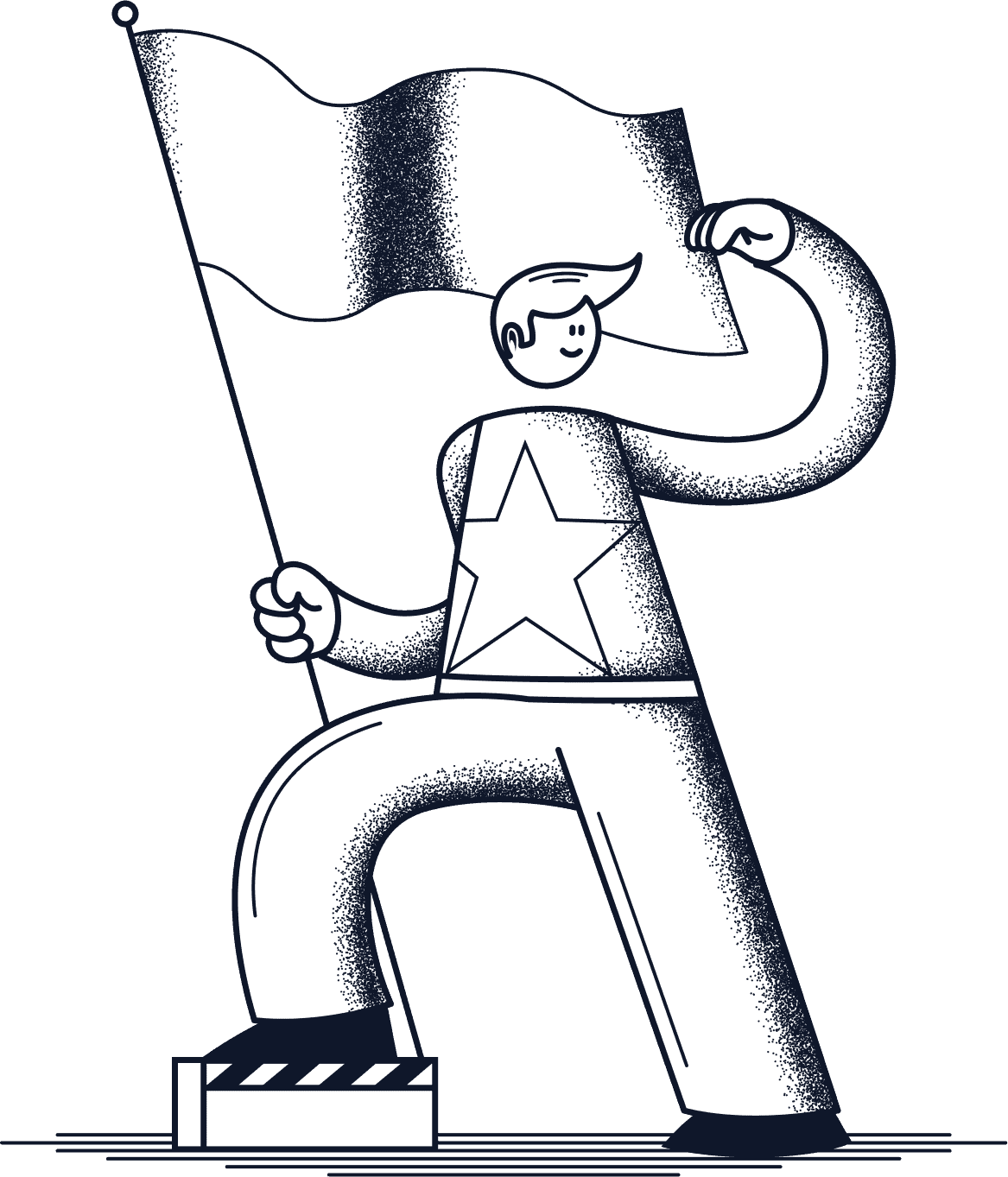 Illustration visuelle d'un personnage debout, représentant un symbole de force et de détermination. Le personnage porte une étoile sur le torse, symbolisant l'excellence. Il tient fièrement un drapeau, évoquant l'esprit d'appartenance et de conquête. Son regard est tourné vers l'horizon, exprimant l'optimisme et l'aspiration à de nouveaux défis. Cette image reflète la vision et l'énergie positive qui guident mes créations en tant que Senior Product Designer.